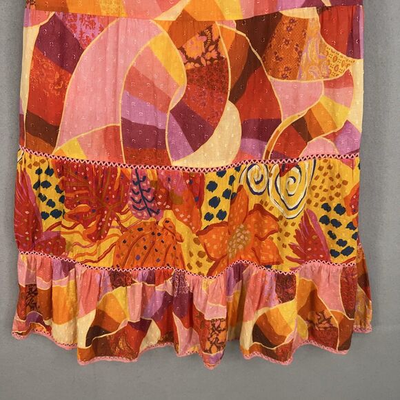 Farm Rio Dress Womens Large Red Orange Patchwork Twirl Boho Ruffle Peasant Loud - Picture 12 of 16